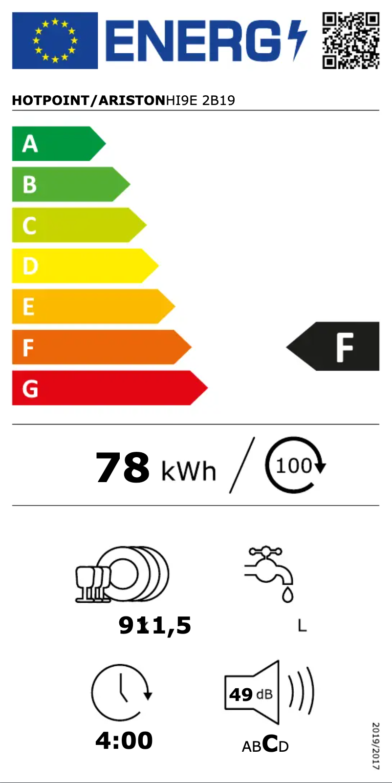 Page n°1 - Label énergétique Hotpoint HI9E 2B19