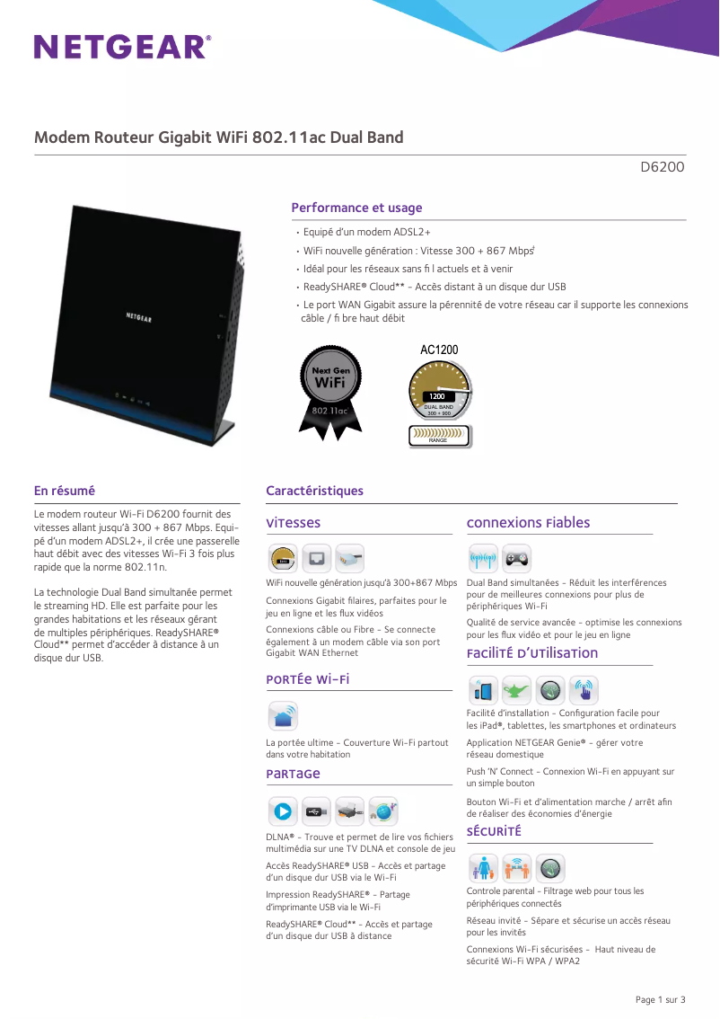 Page 1 de la notice Fiche technique Netgear D6200