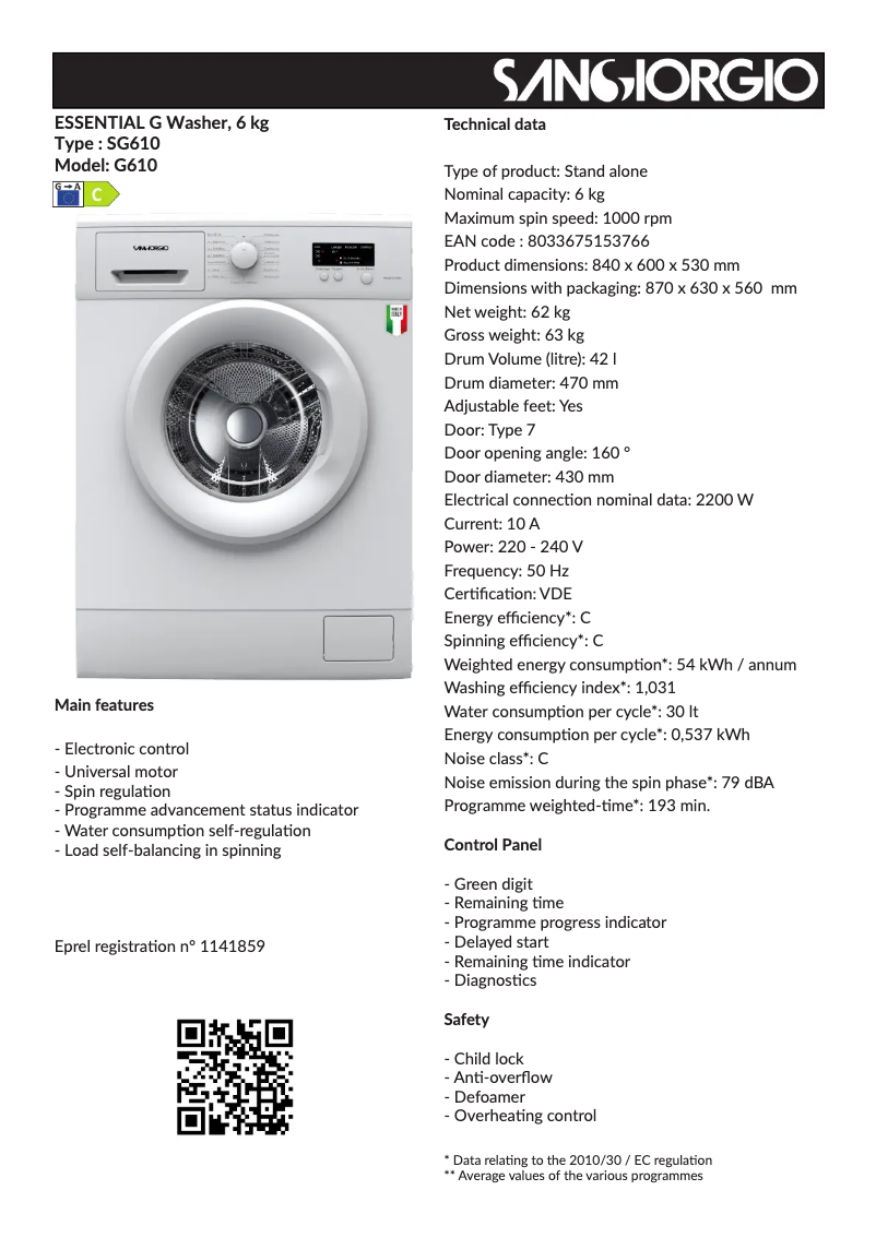 Page 1 de la notice Fiche technique SanGiorgio SG610