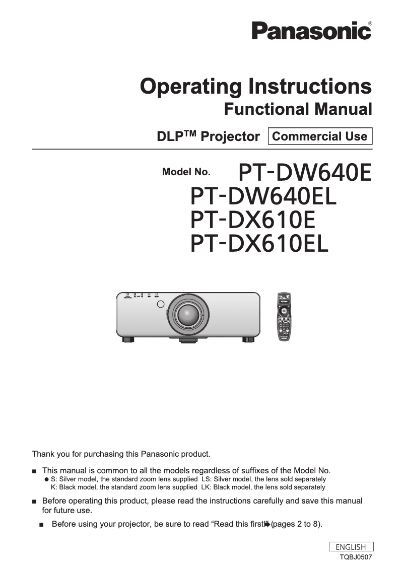 Page 1 of the manual User Manual Panasonic PT-DW640EK