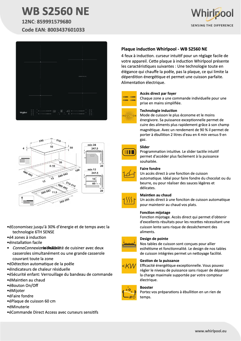 Page 1 de la notice Fiche technique Whirlpool WB S2560 NE