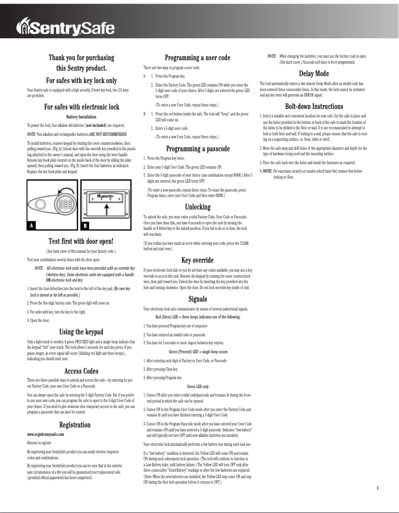 Page 1 de la notice Manuel utilisateur SentrySafe T8-331