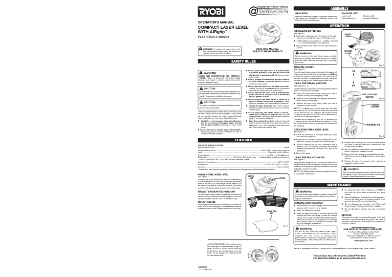 Page n°1 - Manuel utilisateur RYOBI ELL1002