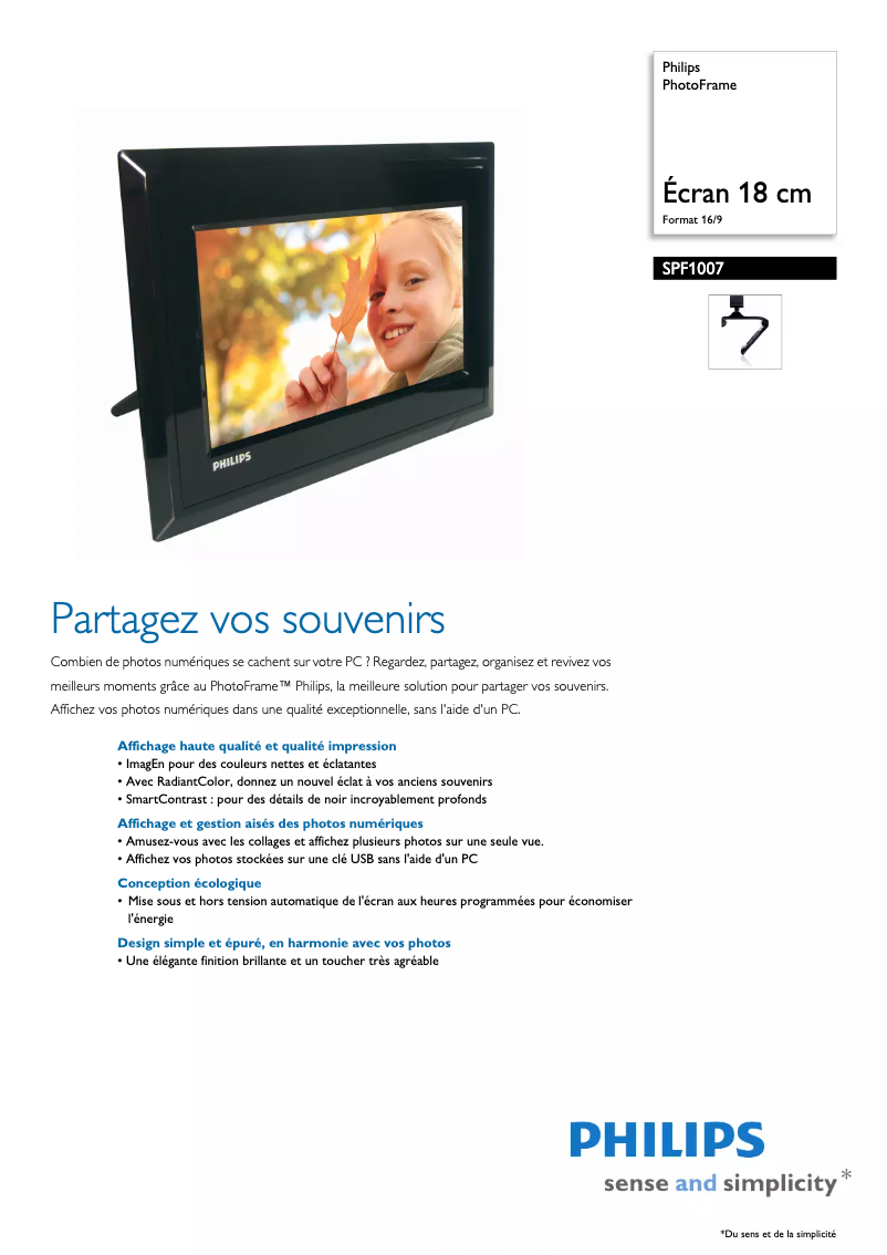 Page 1 de la notice Fiche technique Philips PhotoFrame SPF1007
