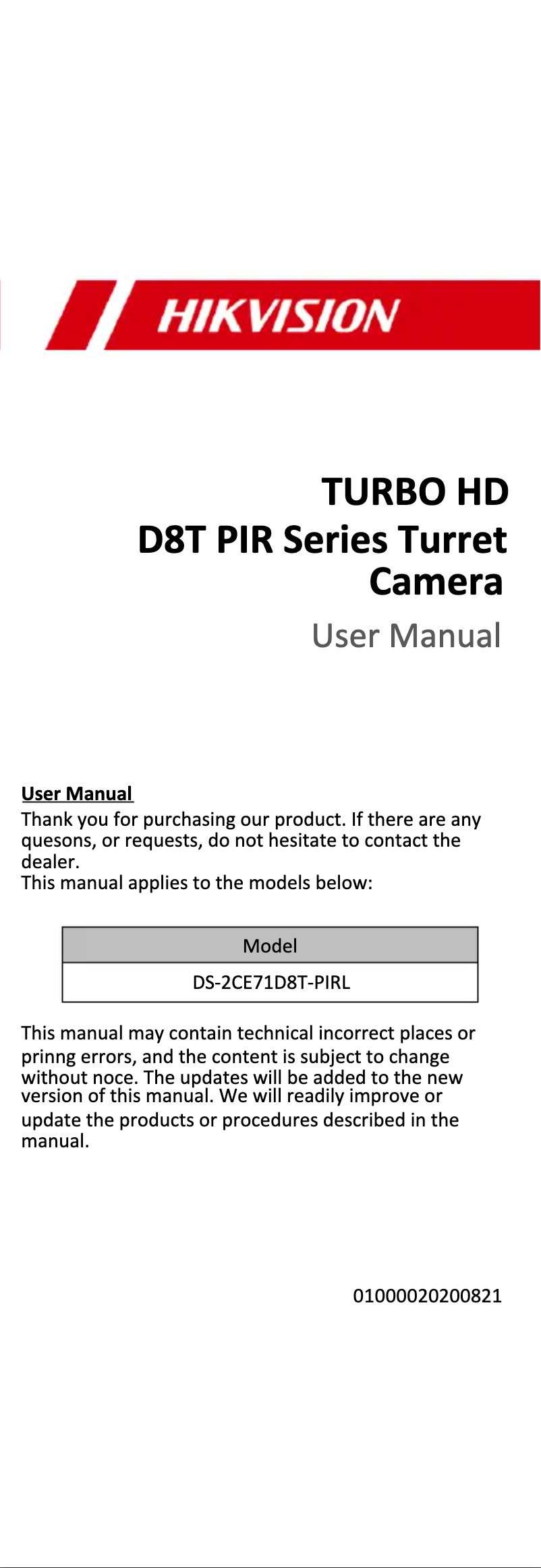 Image de la première page du manuel de l'appareil DS-2CE71D8T-PIRL