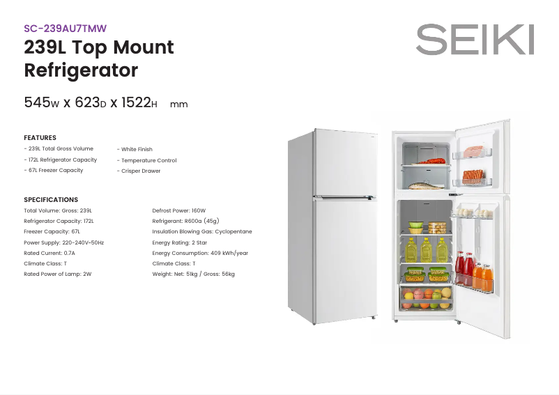 Page 1 de la notice Fiche technique Seiki SC-239AU7TM