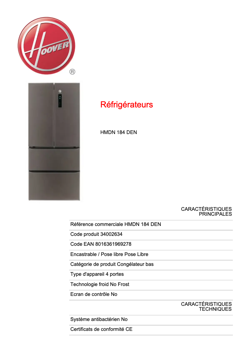 Image de la première page du manuel de l'appareil H-FRIDGE 700 MAXI HMDN 184 DEN