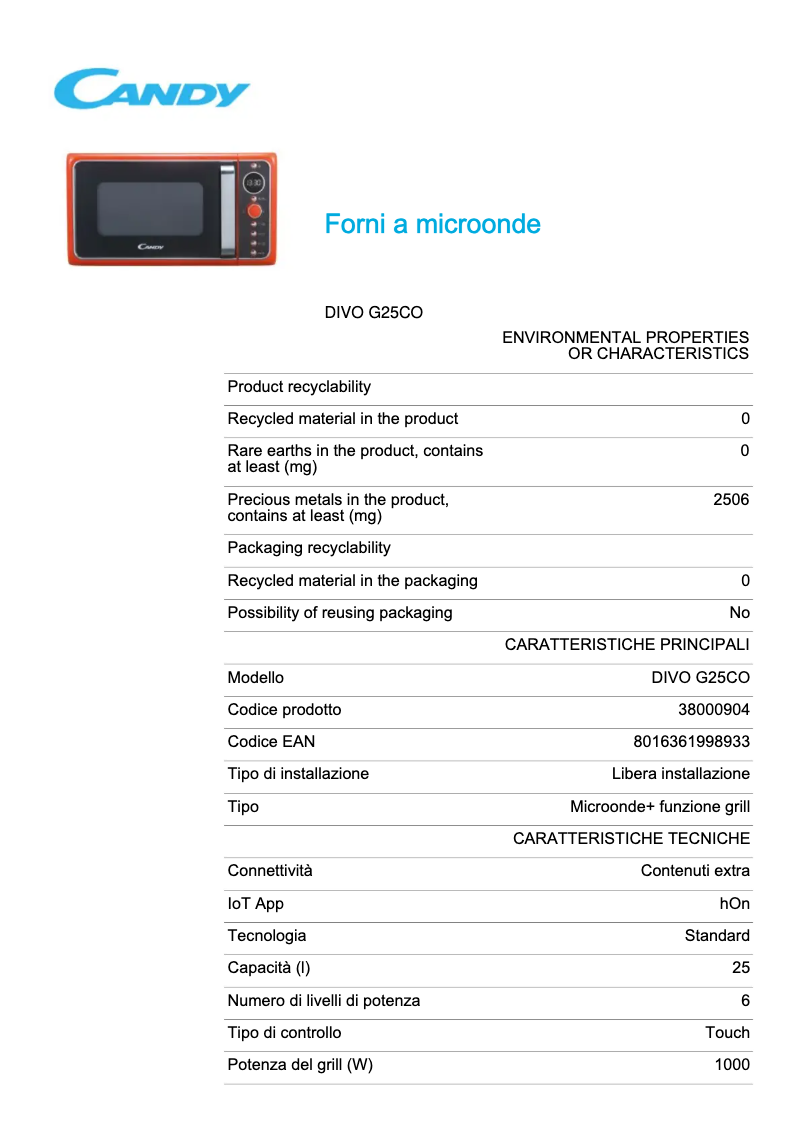 Page 1 de la notice Fiche technique Candy DIVO G25CO