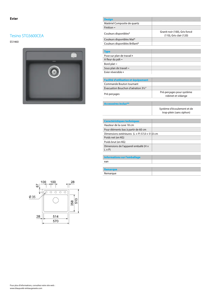 Page n°1 - Fiche technique Blaupunkt Tesino STG5600CEA