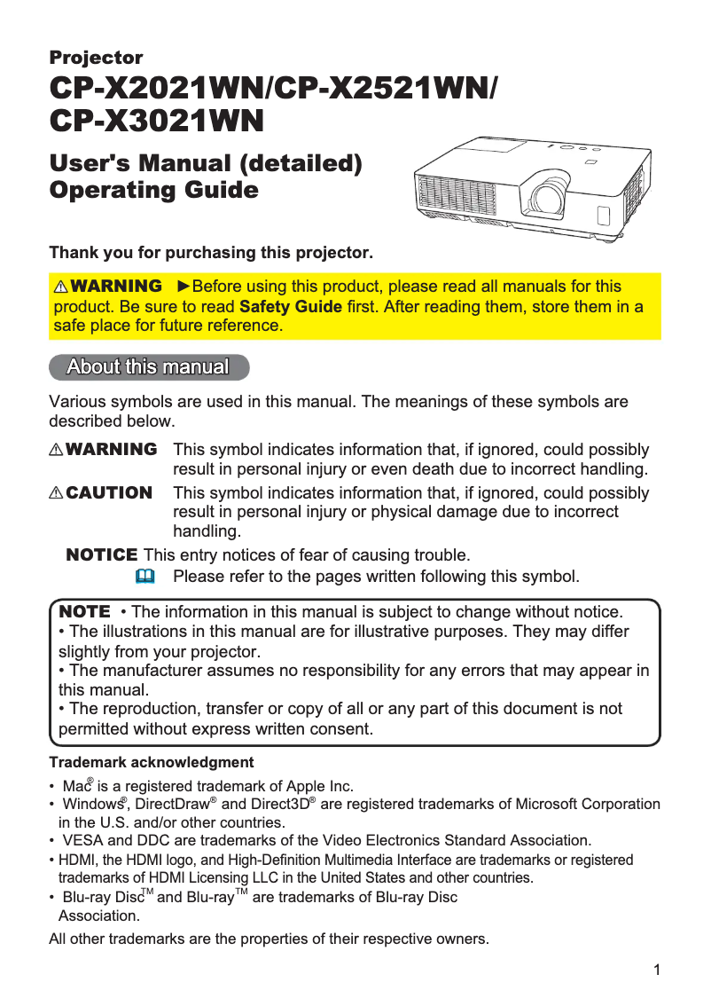 Page n°1 - Manuel utilisateur Hitachi CP-X2021WNEF