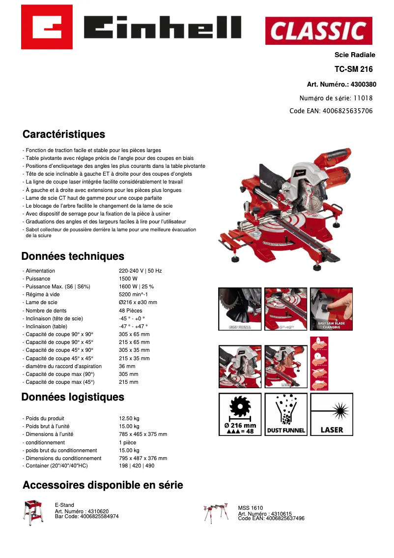 Page 1 de la notice Fiche technique Einhell TC-SM 216