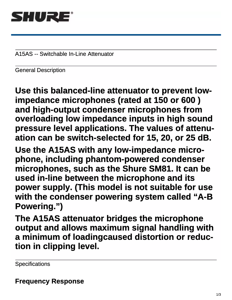 Page 1 de la notice Manuel utilisateur Shure A15AS