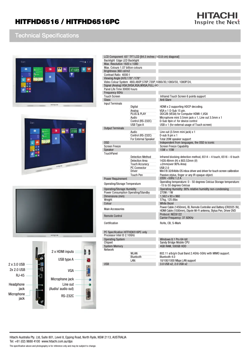 Page n°1 - Fiche technique Hitachi HIT-FHD6516PC