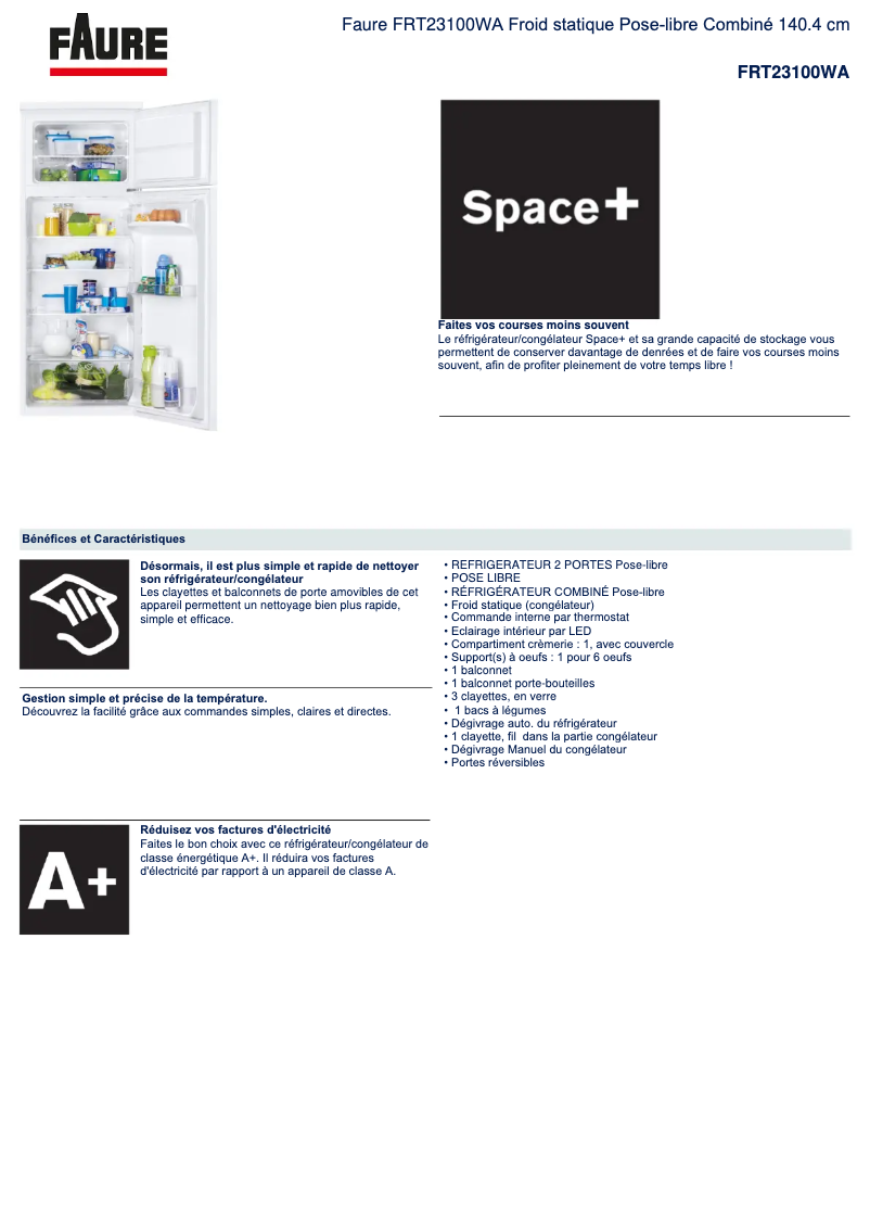 Page 1 de la notice Fiche technique Faure FRT23100WA