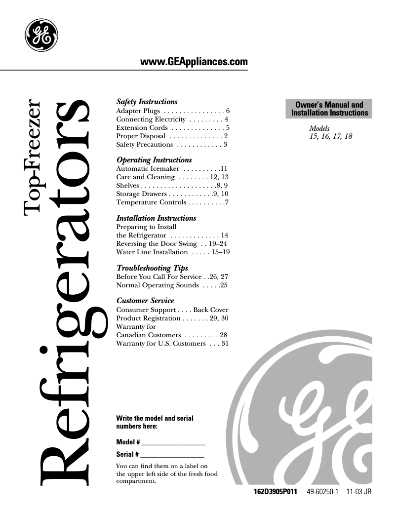 Page 1 de la notice Guide d'installation GE GTS18HCRWW