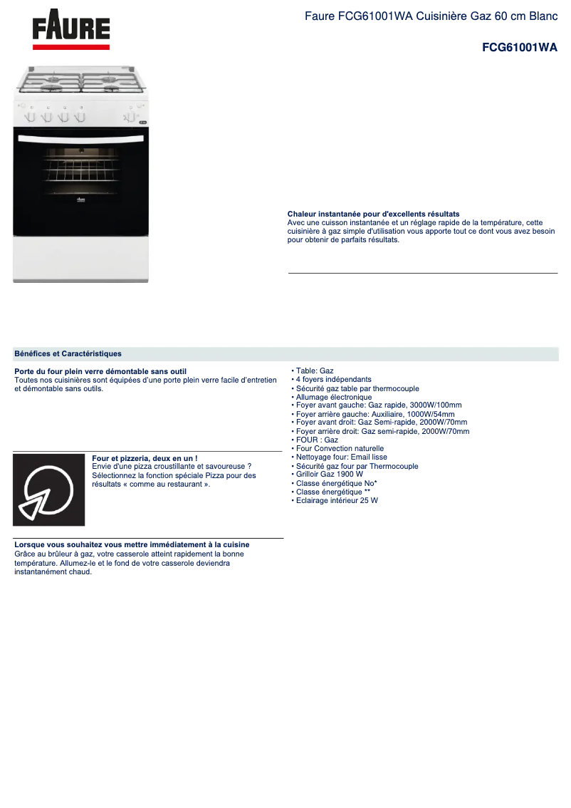 Página 1 del manual Ficha técnica Faure FCG61001WA