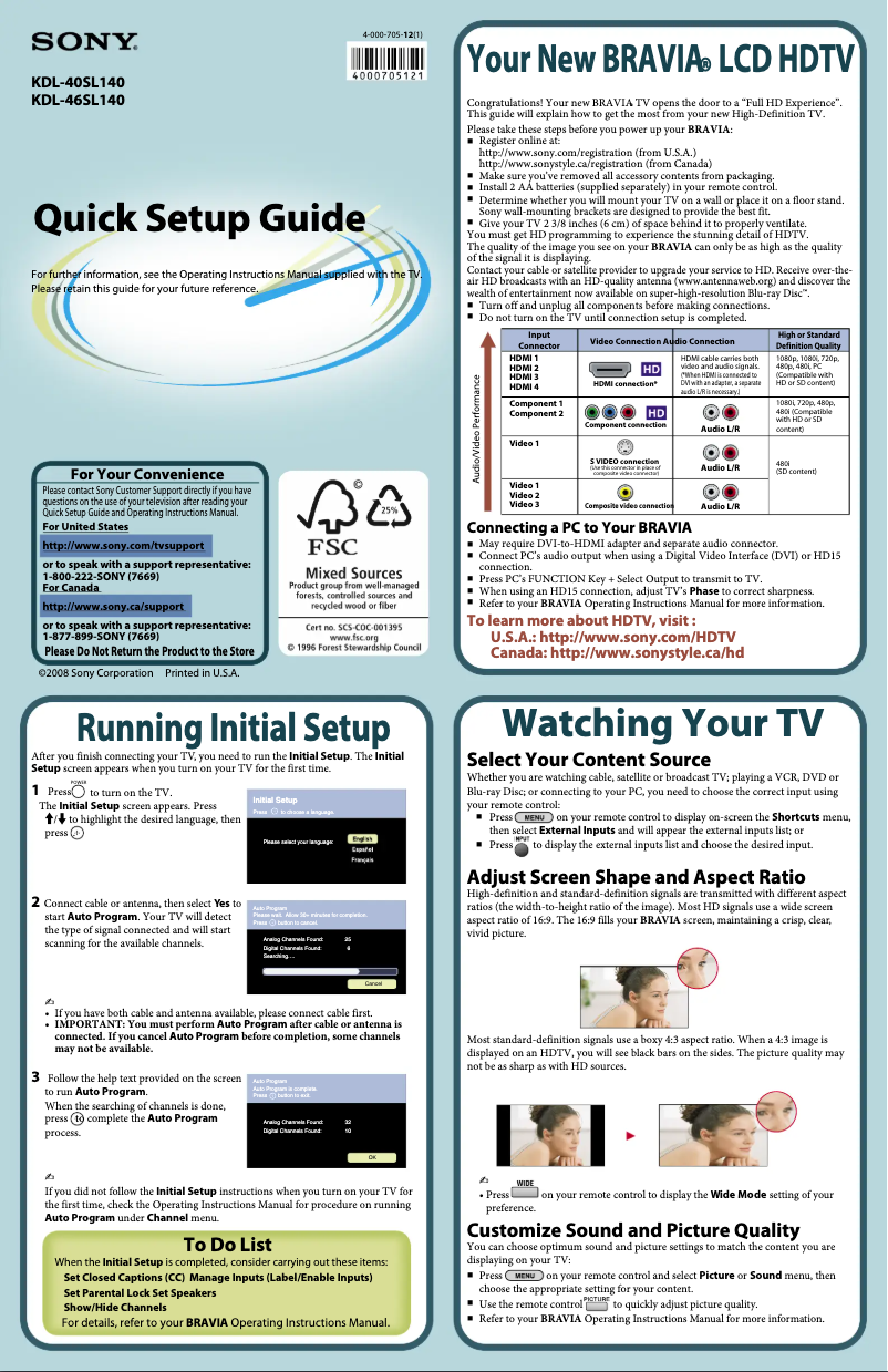 Page n°1 - Guide d'installation Sony Bravia KDL-40SL140