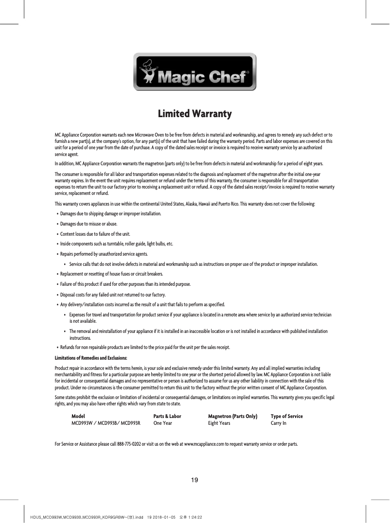 Page 1 de la notice Informations de garantie Magic Chef MCD993B