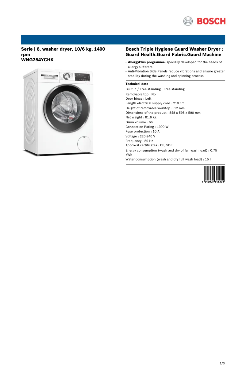 Page 1 of the manual Technical Sheet Bosch WNG254YCHK