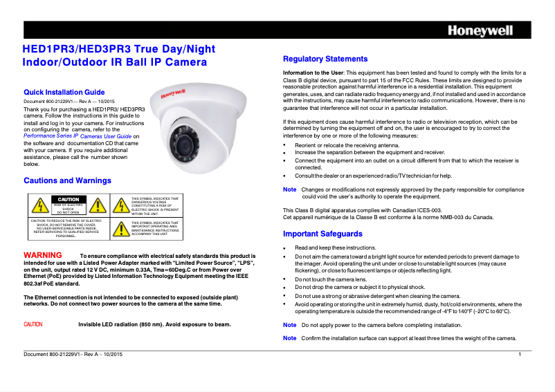 Page 1 de la notice Manuel utilisateur Honeywell HED3PR3