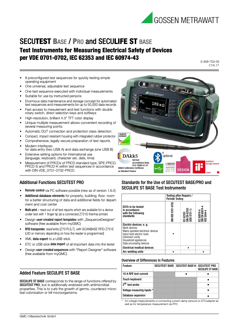 Page 1 de la notice Fiche technique Gossen Metrawatt SECUTEST BASE