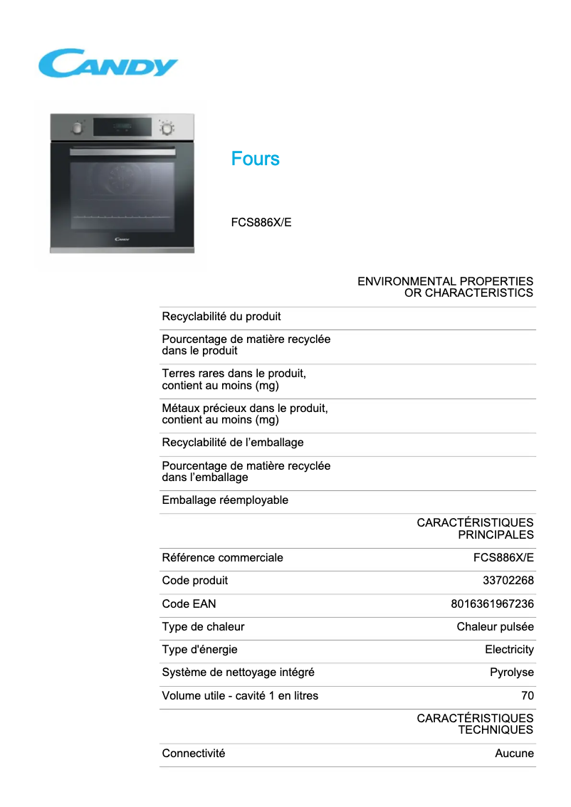 Page 1 de la notice Fiche technique Candy FCS886X/E