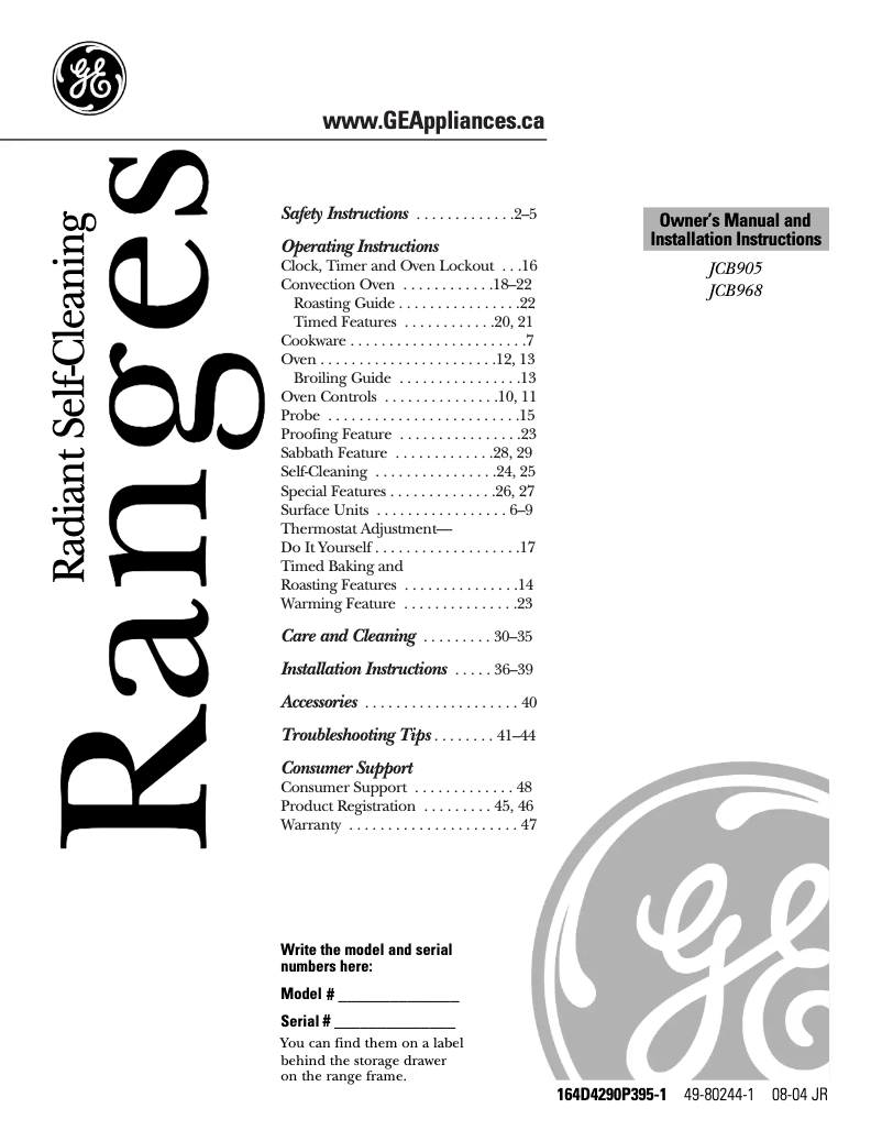 Page n°1 - Manuel utilisateur GE JCB905SJSS