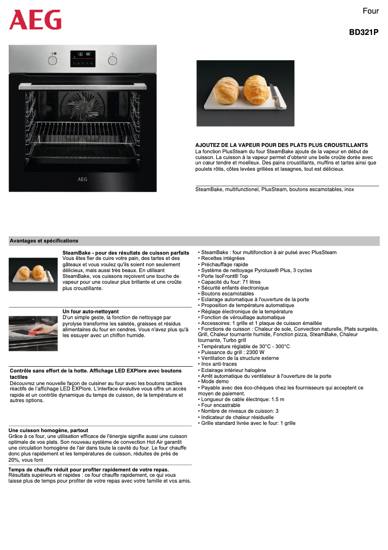 Page 1 de la notice Fiche technique AEG BD321P