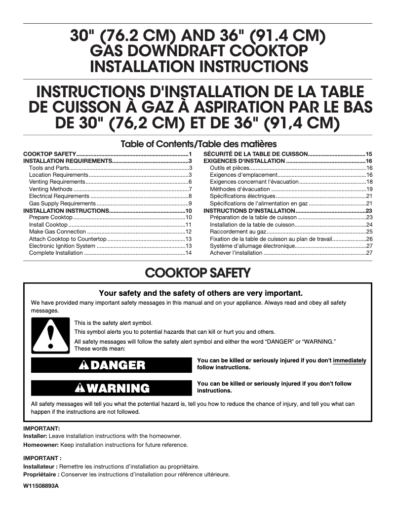 Page 1 de la notice Guide d'installation Jenn-Air JGD3430GB
