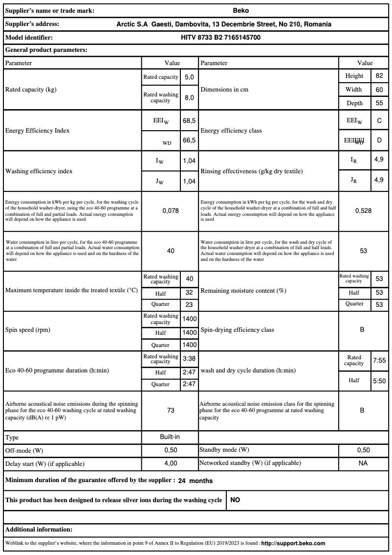 Page 1 de la notice Fiche technique Beko HITV 8733 B2