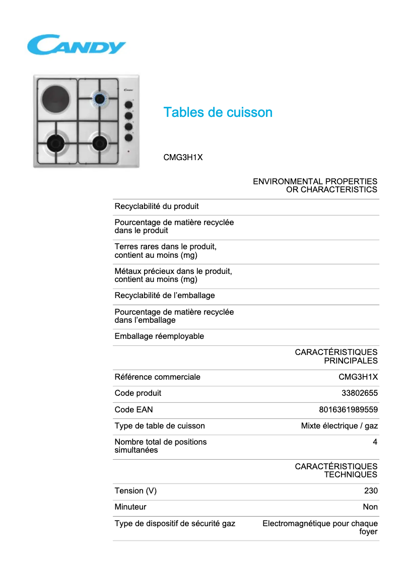 Page n°1 - Fiche technique Candy CMG3H1X