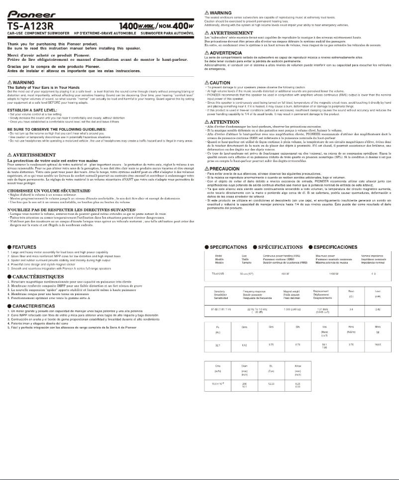 Page 1 de la notice Manuel utilisateur Pioneer TS-A123R