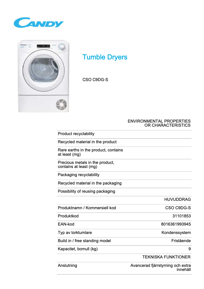 Page 1 de la notice Fiche technique Candy CSO C9DG-S