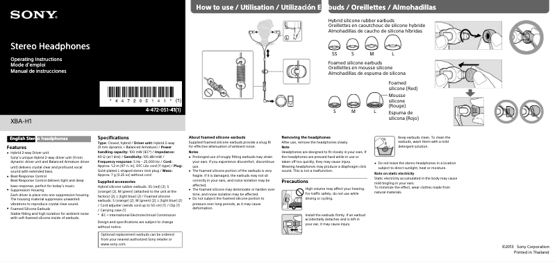 Page 1 de la notice Manuel utilisateur Sony XBA-H1