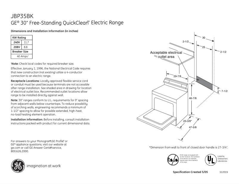 Page 1 de la notice Fiche technique GE JBP35BKWH