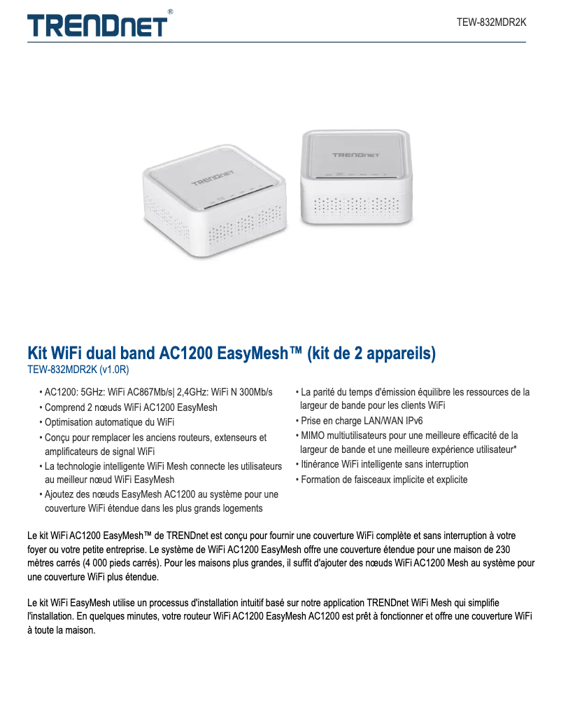 Page 1 de la notice Fiche technique TRENDnet TEW-832MDR2K