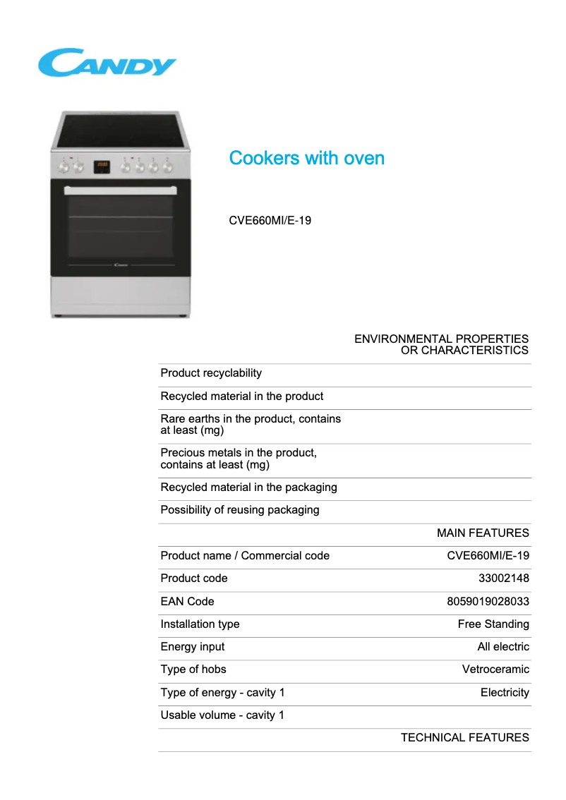 Page 1 de la notice Fiche technique Candy CVE660MI/E-19