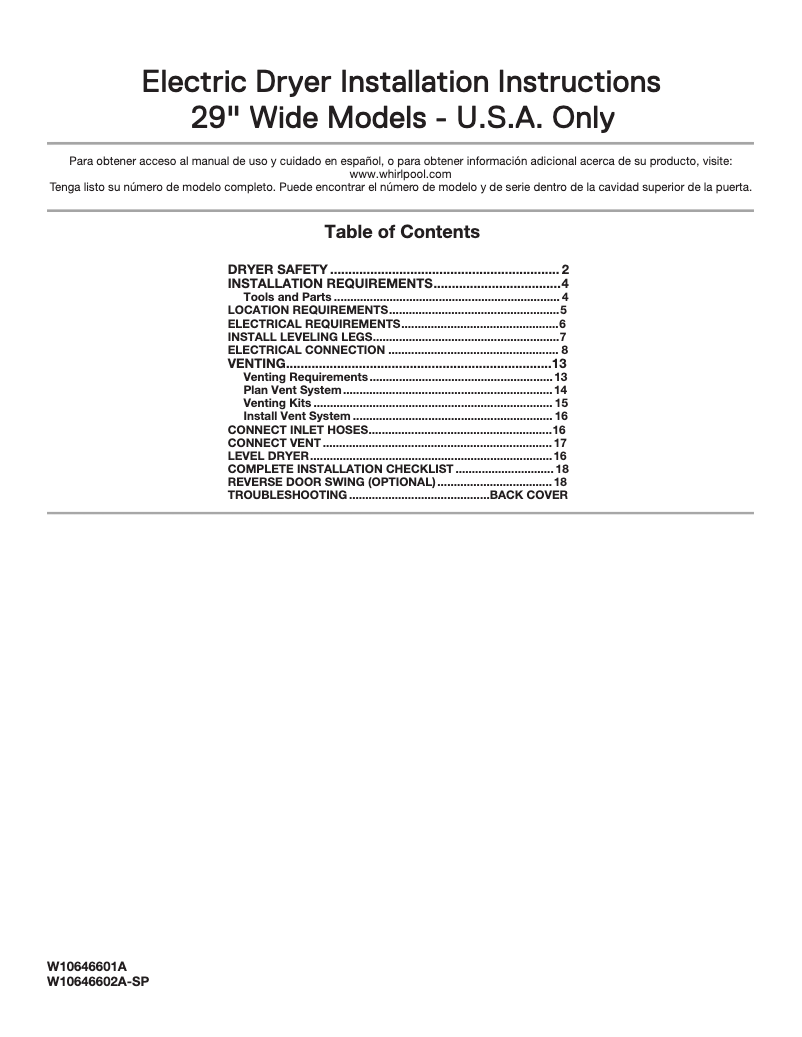 Page 1 de la notice Guide d'installation Whirlpool WED49STB