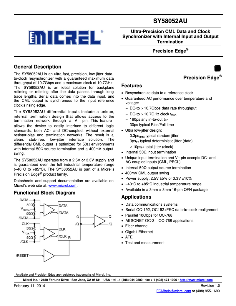 Page 1 de la notice Manuel utilisateur Microchip SY58052AU