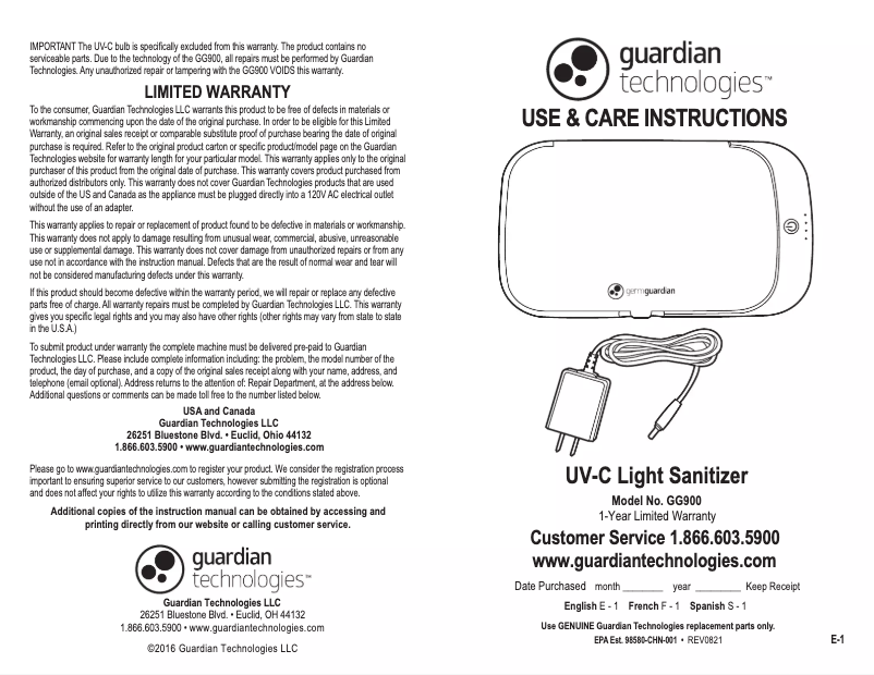 Page 1 de la notice Manuel utilisateur Guardian GG900