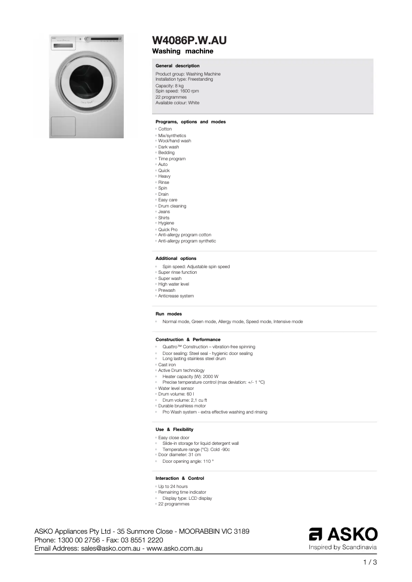 Page 1 de la notice Fiche technique Asko W4086P.W.AU