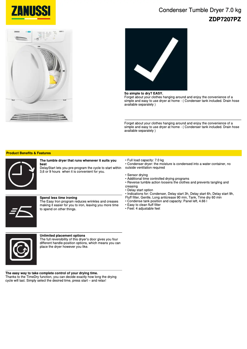 Page 1 de la notice Fiche technique Zanussi ZDP7207PZ