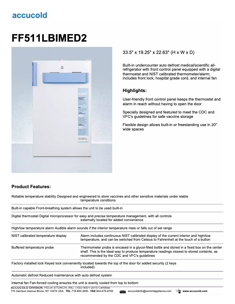 Image de la première page du manuel de l'appareil Accucold FF511LBIMED2