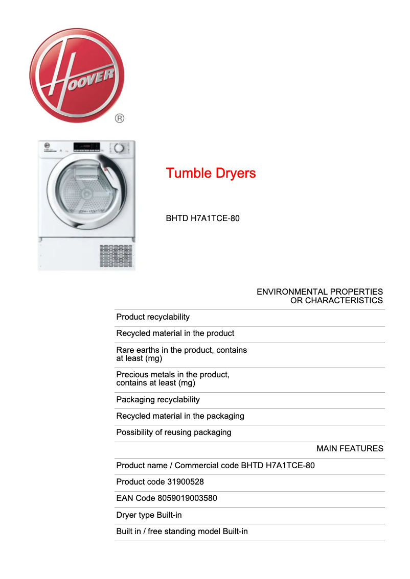 Page n°1 - Fiche technique Hoover BHTD H7A1TCE-80