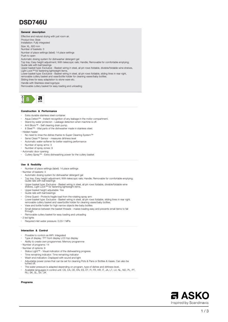 Page 1 de la notice Fiche technique Asko DSD746U