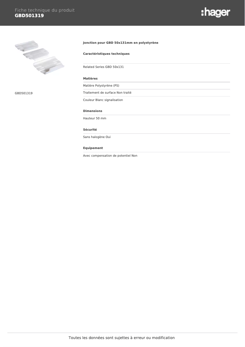 Page 1 of the manual Technical Sheet Hager GBD501319