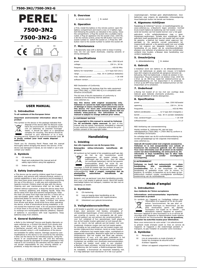 Page n°1 - Manuel utilisateur Perel 7500-3N2