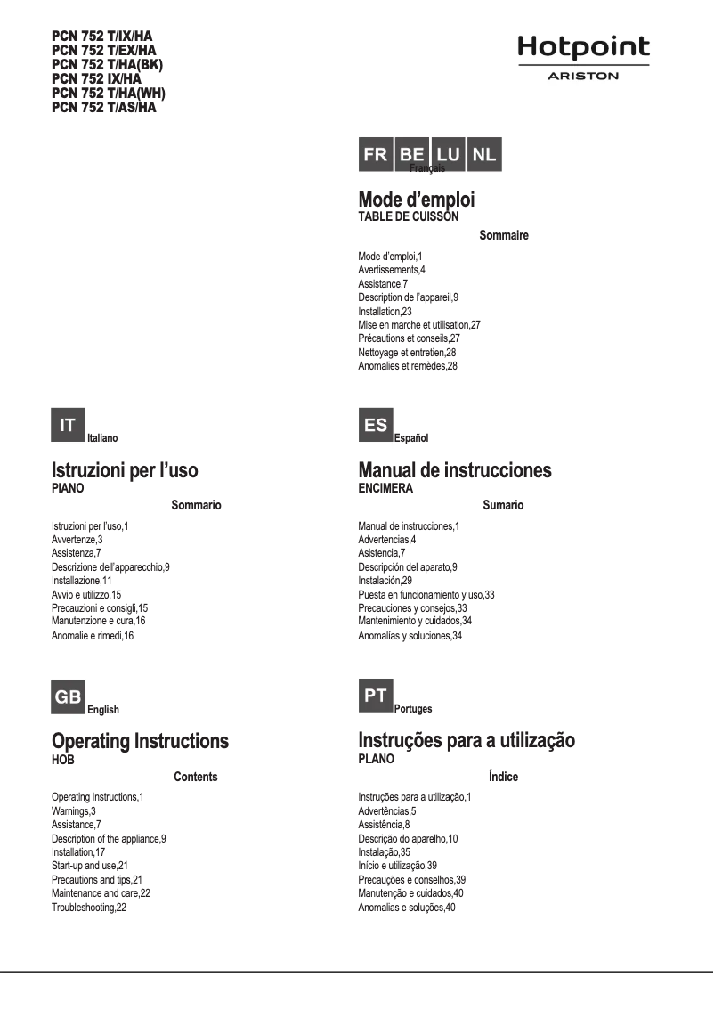 Page n°1 - Manuel utilisateur Hotpoint Ariston PCN 752 T/EX/HA