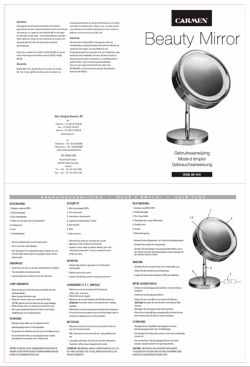 Page 1 de la notice Manuel utilisateur Carmen Beauty Mirror BM9500
