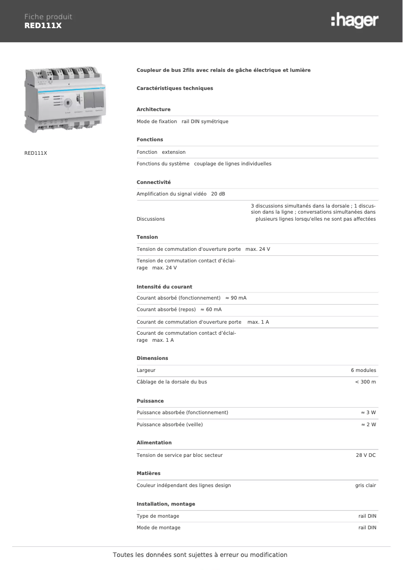 Page 1 de la notice Fiche technique Hager RED111X